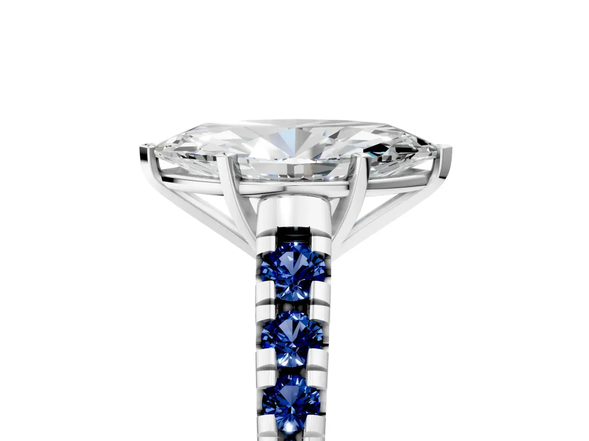 Marquise Cut Diamond Cathedral Solitaire Ring with Round Blue Sapphire Pavé Band Platinum