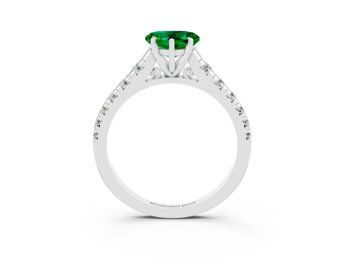 Heart Cut Emerald Cathedral Solitaire Ring with Round Pavé Band White gold