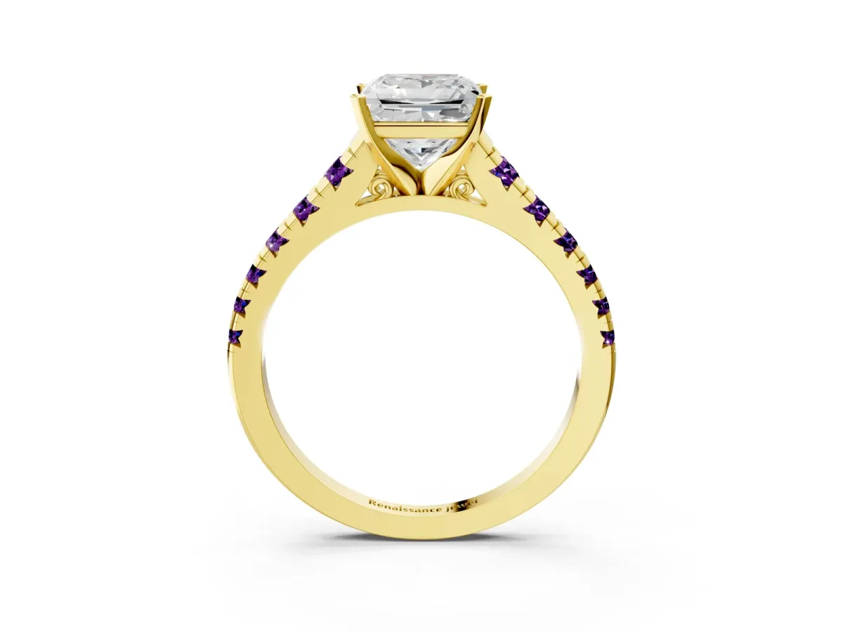 Princess Cut Diamond Cathedral Solitaire Ring with Round Amethyst Pavé Band Yellow gold