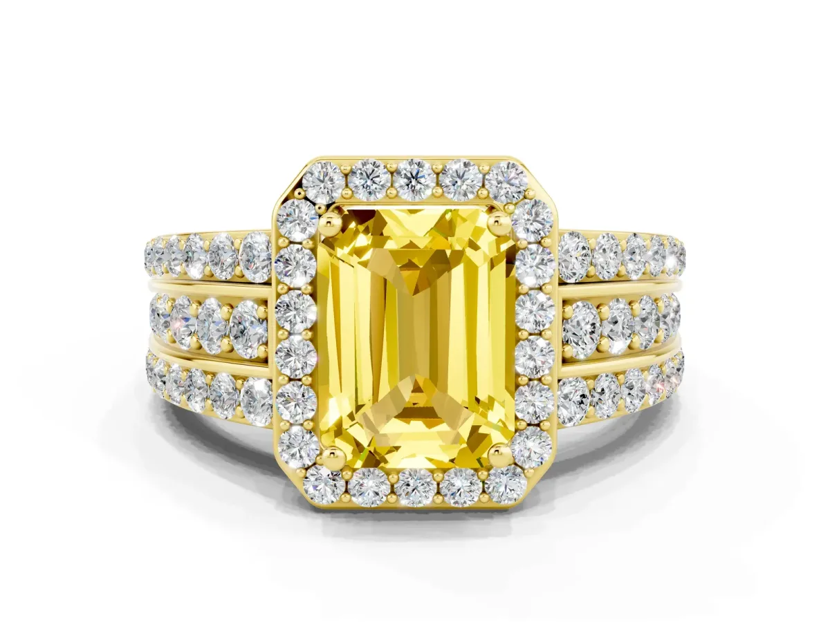 Emerald Cut Halo Yellow Sapphire Ring with Round Split Shank and Prong Setting Yellow gold