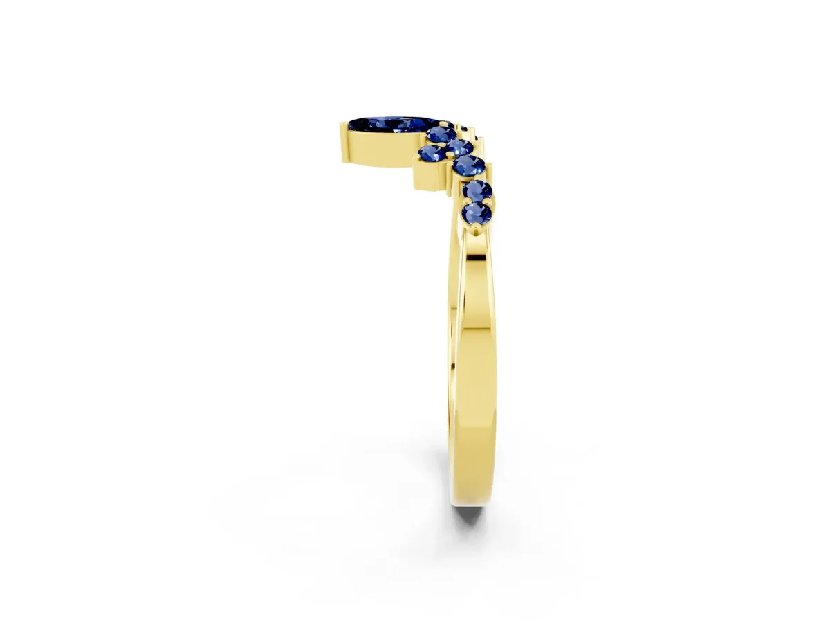 Marquise and Round Blue Sapphire Chevron Band with Prong Setting Yellow gold