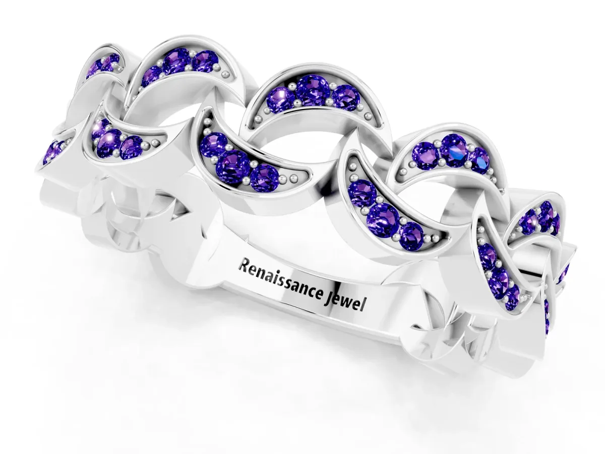 Pavé Round Tanzanite Interlocking Eternity Band with Bezel Prong Setting Silver