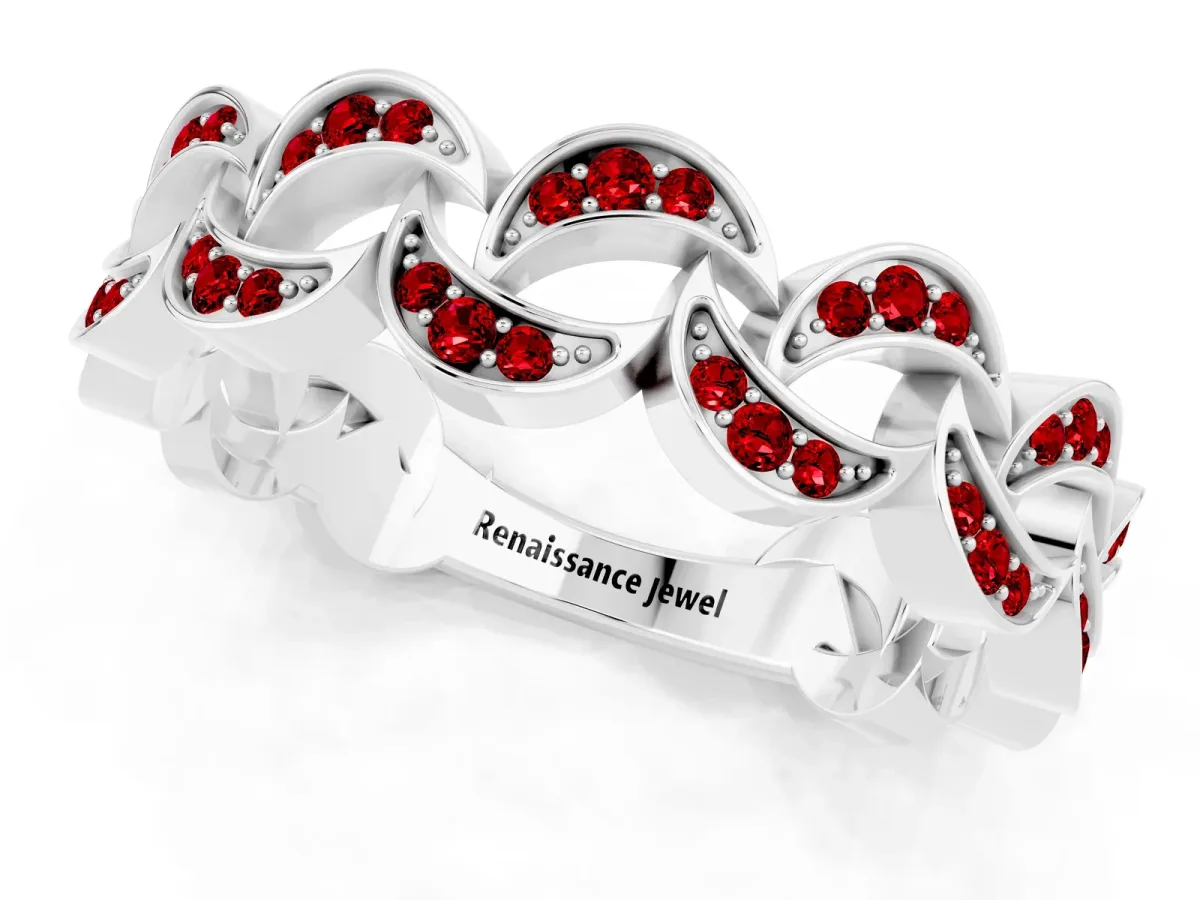 Pavé Round Ruby Interlocking Eternity Band with Bezel Prong Setting Silver