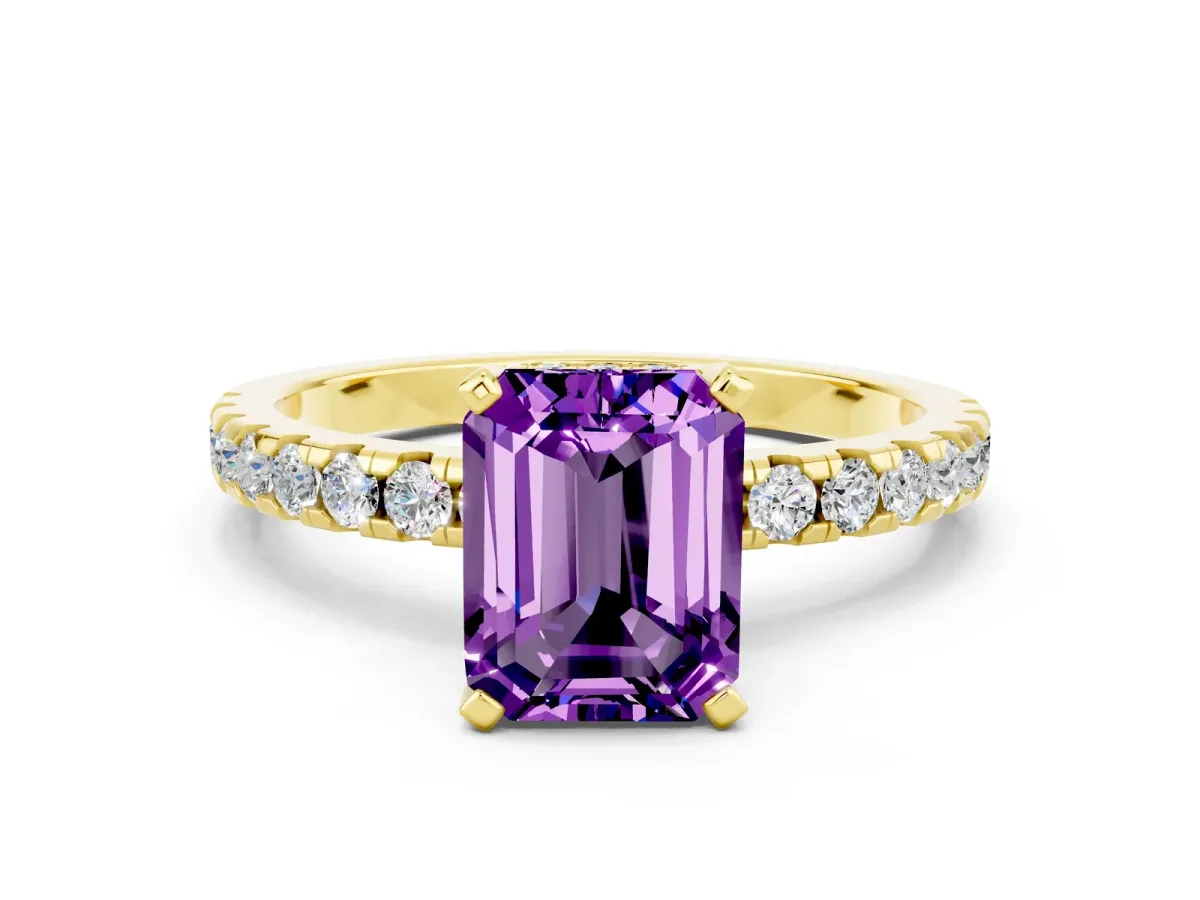 Emerald Cut Amethyst Solitaire Ring with Round Pavé Band and Four-Prong Setting Yellow gold