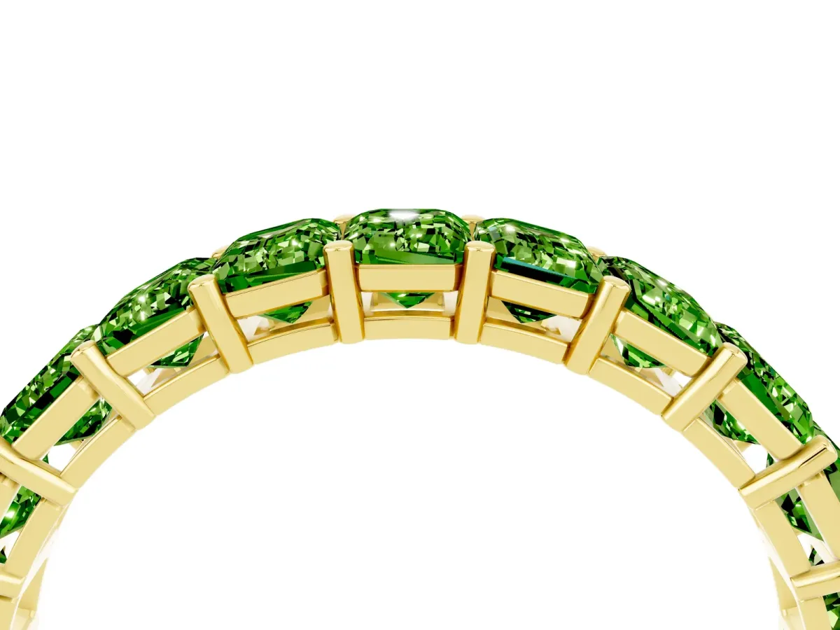Emerald Cut Peridot Eternity Band with Shared Prong Setting Yellow gold