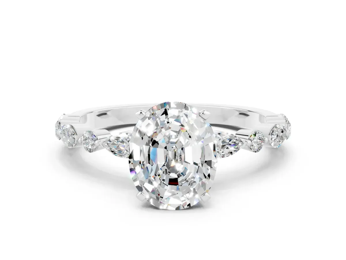 Oval Cut Moissanite Ring with Marquise and Round Side Stones and Four-Prong Setting Silver