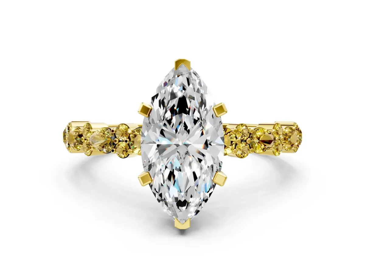 Marquise Cut Diamond Side Stone Solitaire Ring with Round Yellow Sapphire and Four-Prong Setting Yellow gold