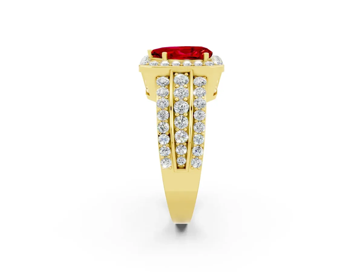 Pear Cut Halo Ruby Ring with Round Split Shank and Prong Setting Yellow gold