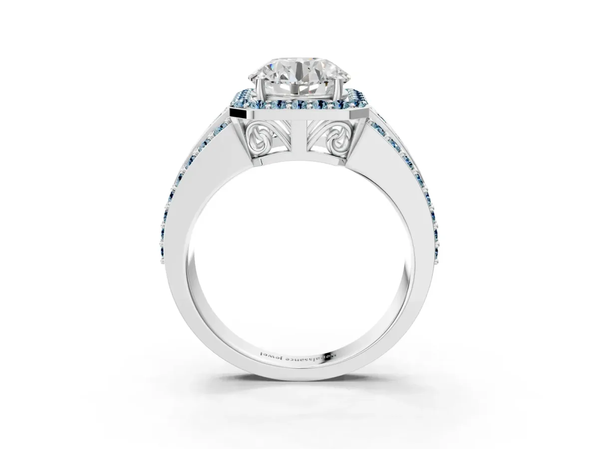 Round Cut Halo Diamond Ring with Round Aquamarine Split Shank and Prong Setting White gold