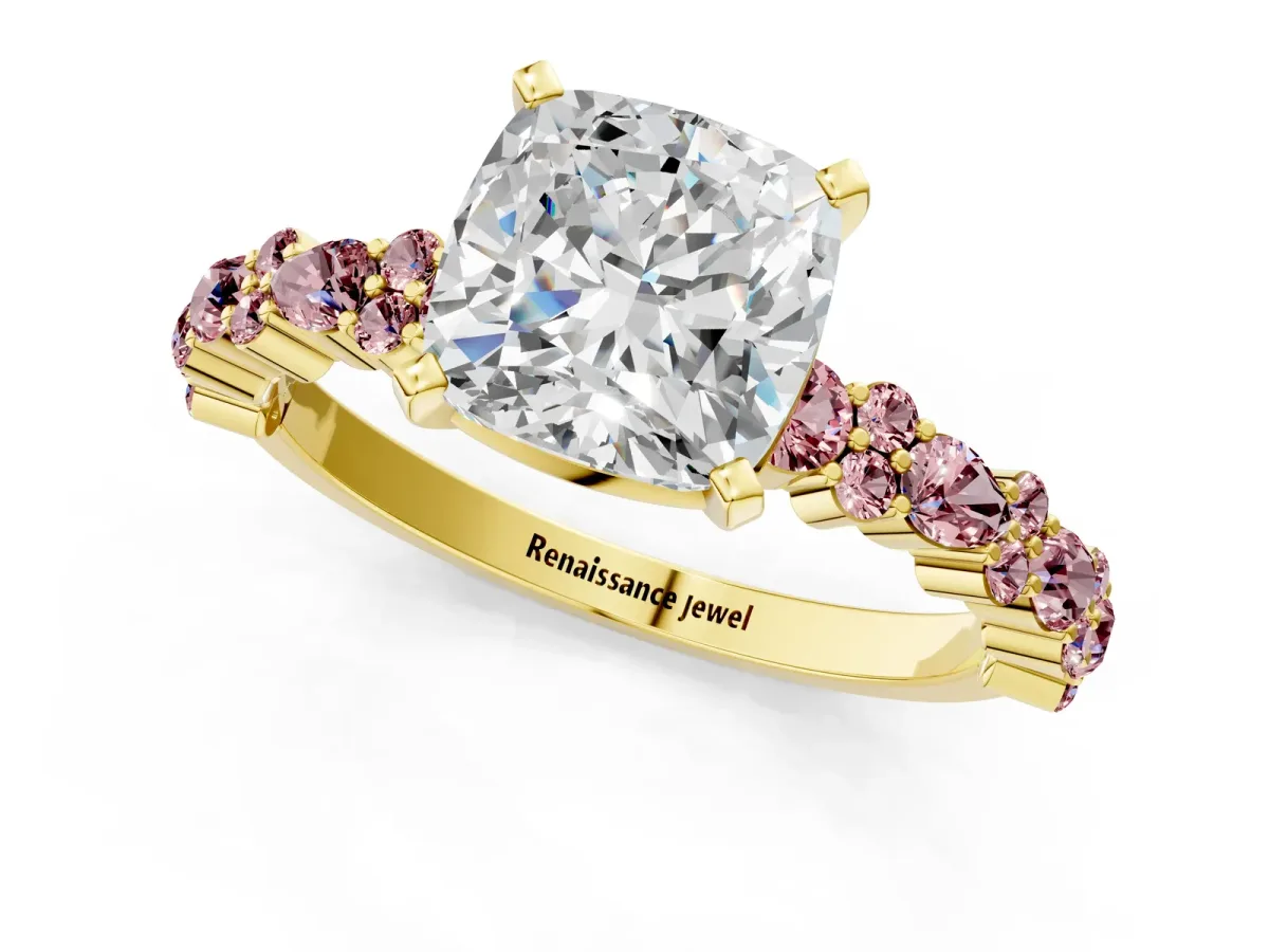 Cushion Cut Diamond Side Stone Solitaire Ring with Round Morganite and Four-Prong Setting Yellow gold