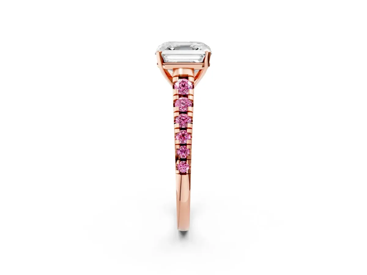Asscher Cut Diamond Cathedral Solitaire Ring with Round Pink Sapphire Pavé Band Rose gold