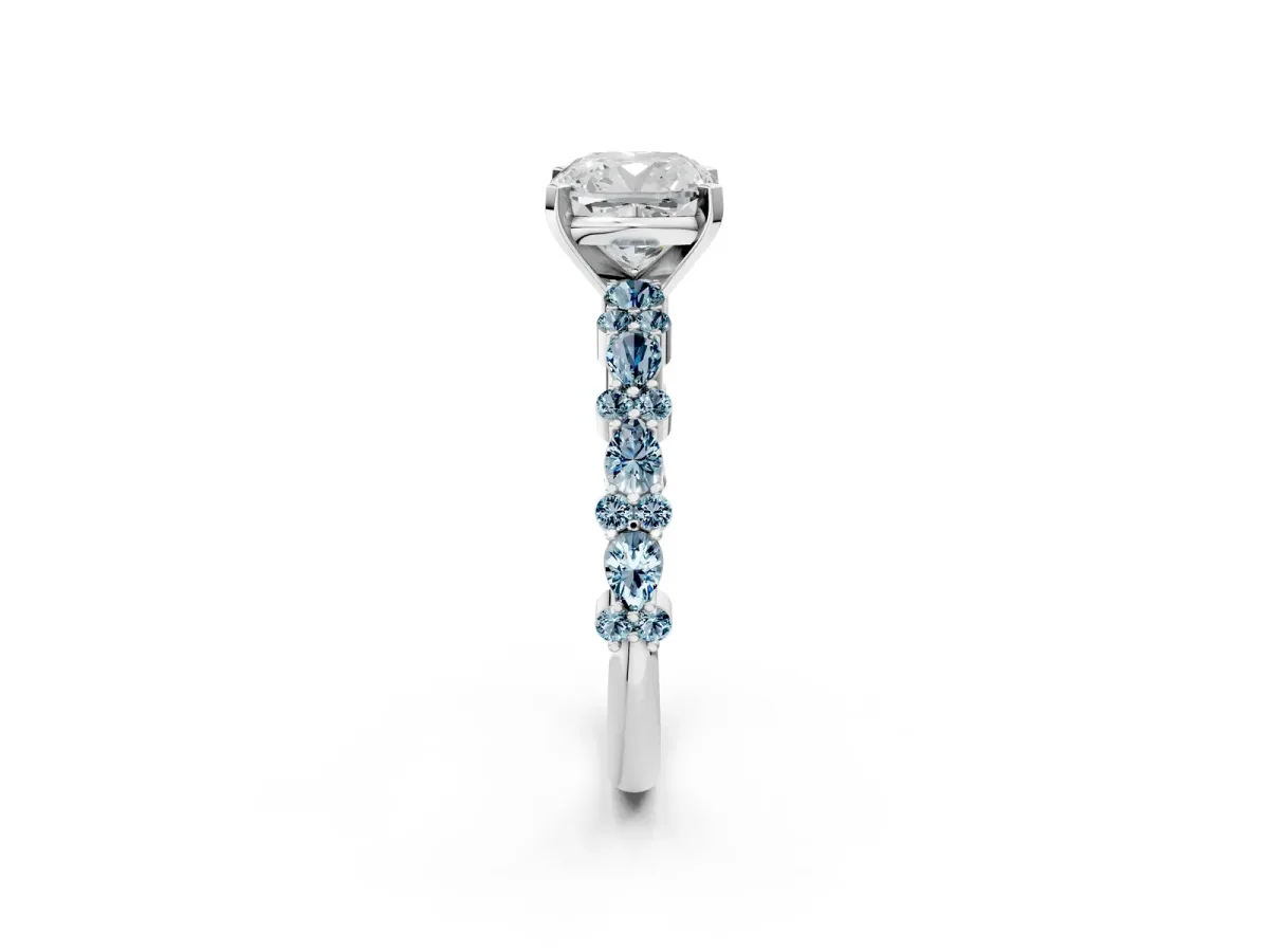 Cushion Cut Diamond Side Stone Solitaire Ring with Round Aquamarine and Four-Prong Setting Platinum