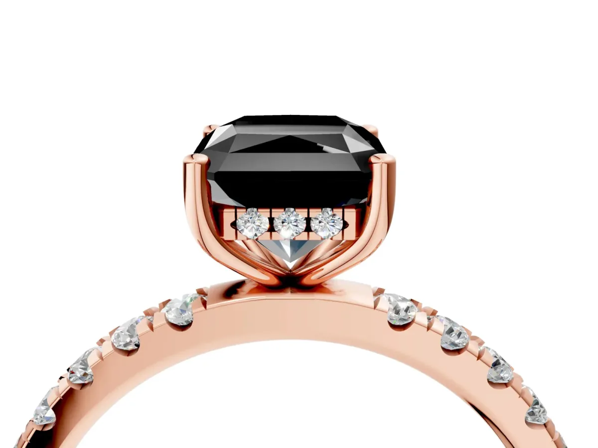 Fancy Black Radiant Cut Diamond Pave Band Solitaire Ring with Round and Prong Setting Rose gold