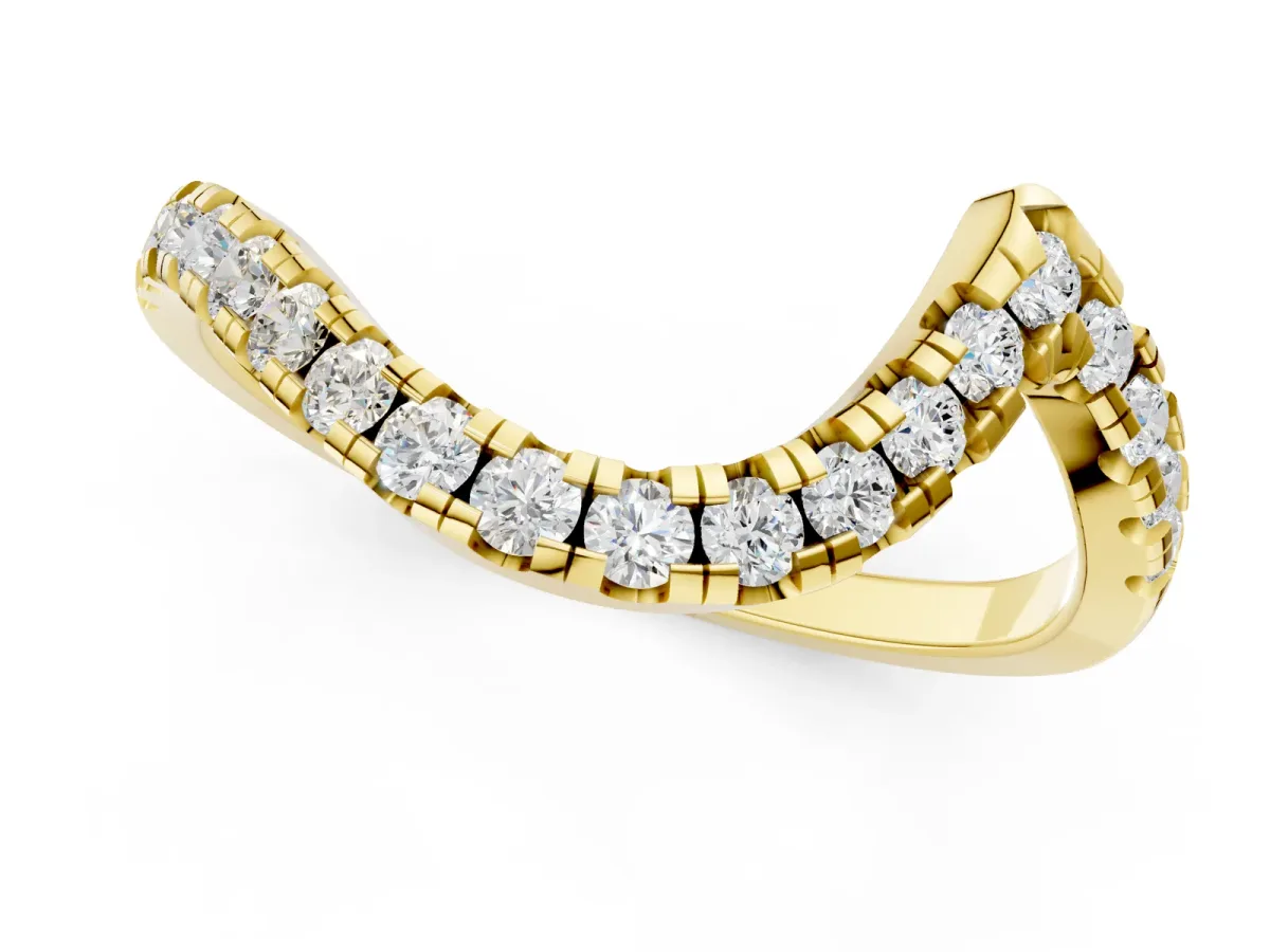 Round Diamond Pavé V-Shaped Contour Band with Shared Prong Setting Yellow gold