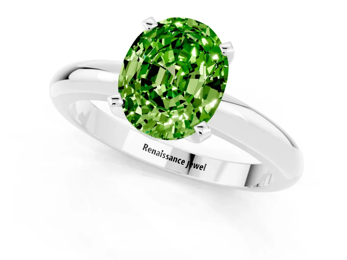 Oval Cut Peridot Solitaire Engagement Ring with Round Band and Four-Prong Setting Platinum
