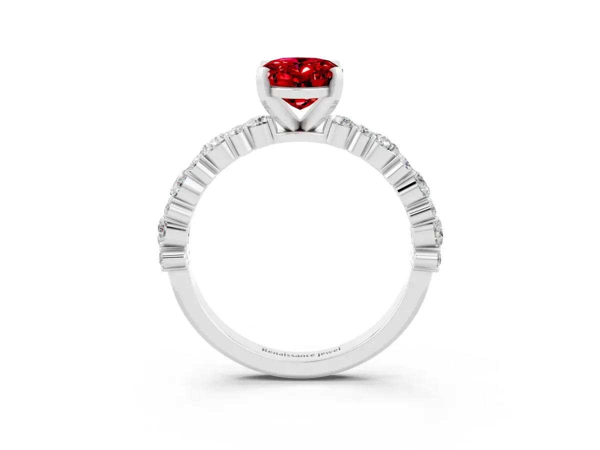 Oval Cut Ruby Side Stone Solitaire Ring with Round and Four-Prong Setting White gold