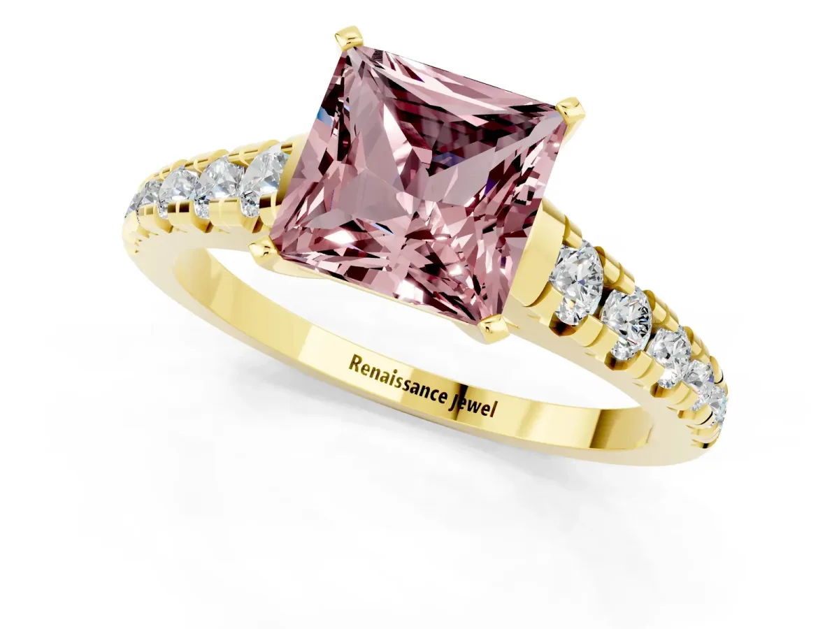 Princess Cut Morganite Cathedral Solitaire Ring with Round Pavé Band Yellow gold