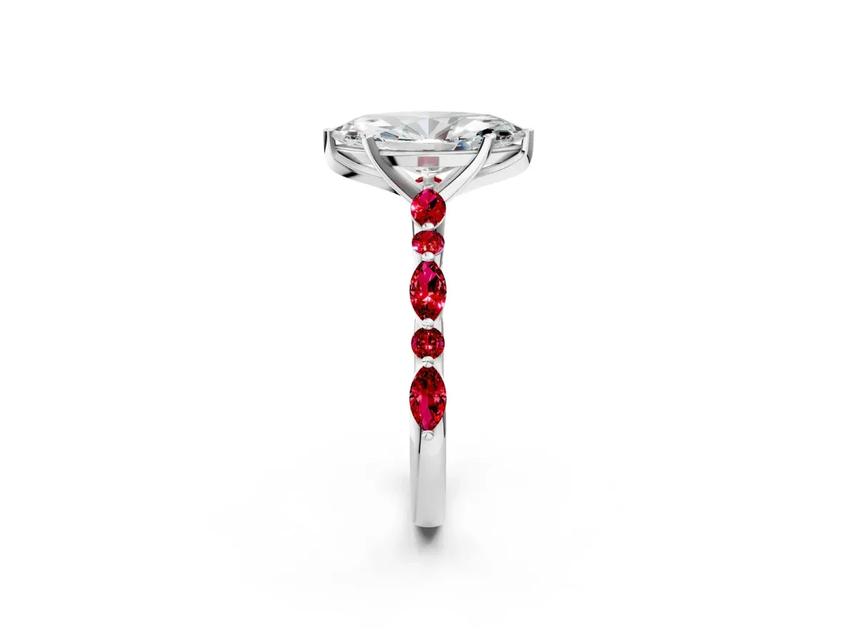 Marquise Cut Diamond Ring with Marquise and Round Ruby Side Stones and Four-Prong Setting White gold