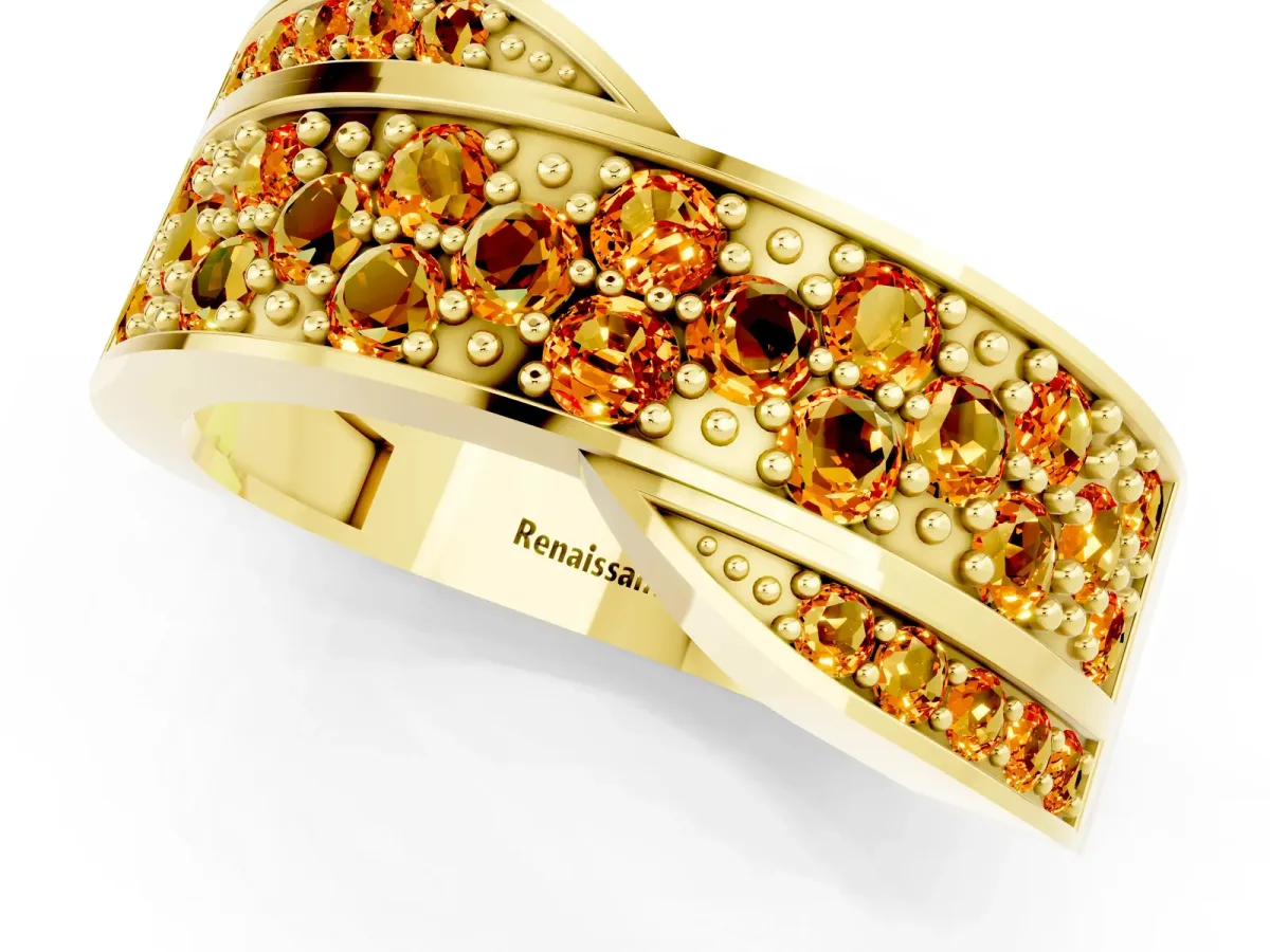 Pavé Round Citrine Crossover Band with Bead Prong Setting Yellow gold