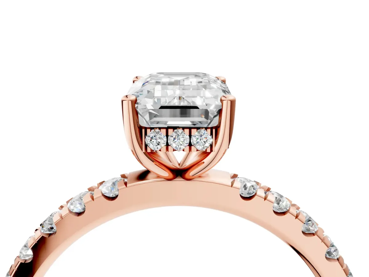 Emerald Cut Diamond Pave Band Solitaire Ring with Round Moissanite and Prong Setting Rose gold