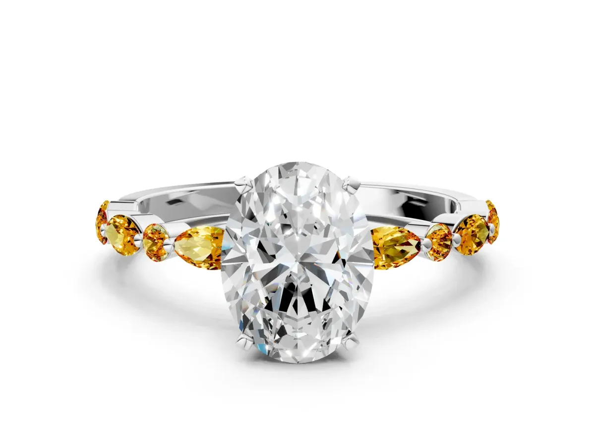 Oval Cut Diamond Ring with Marquise and Round Citrine Side Stones and Four-Prong Setting Silver