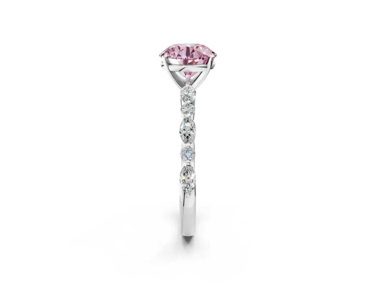 Fancy Pink Round Cut Diamond Ring with Marquise and Round Side Stones and Four-Prong Setting Platinum
