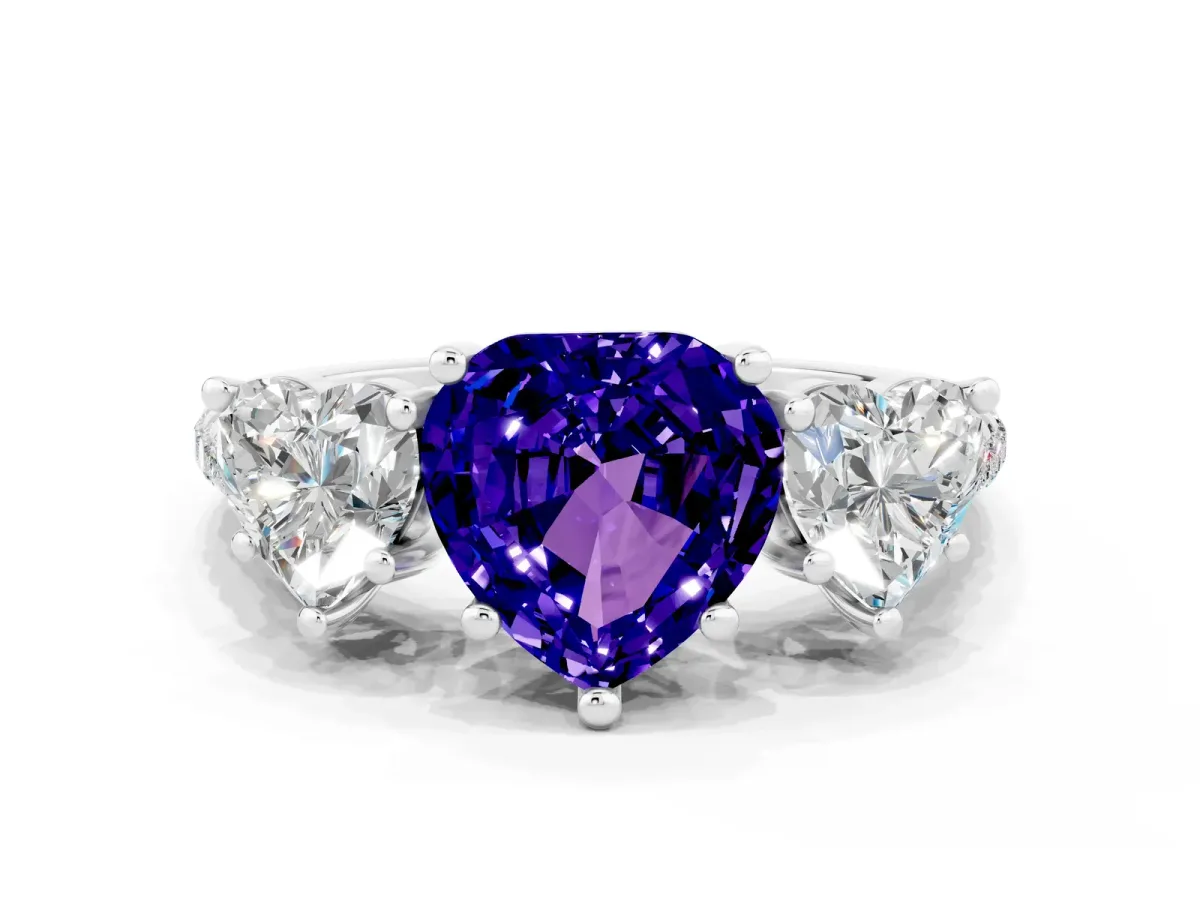 Three-Stone Heart Cut Tanzanite Ring with Round Pavé Band and Prong Setting Silver