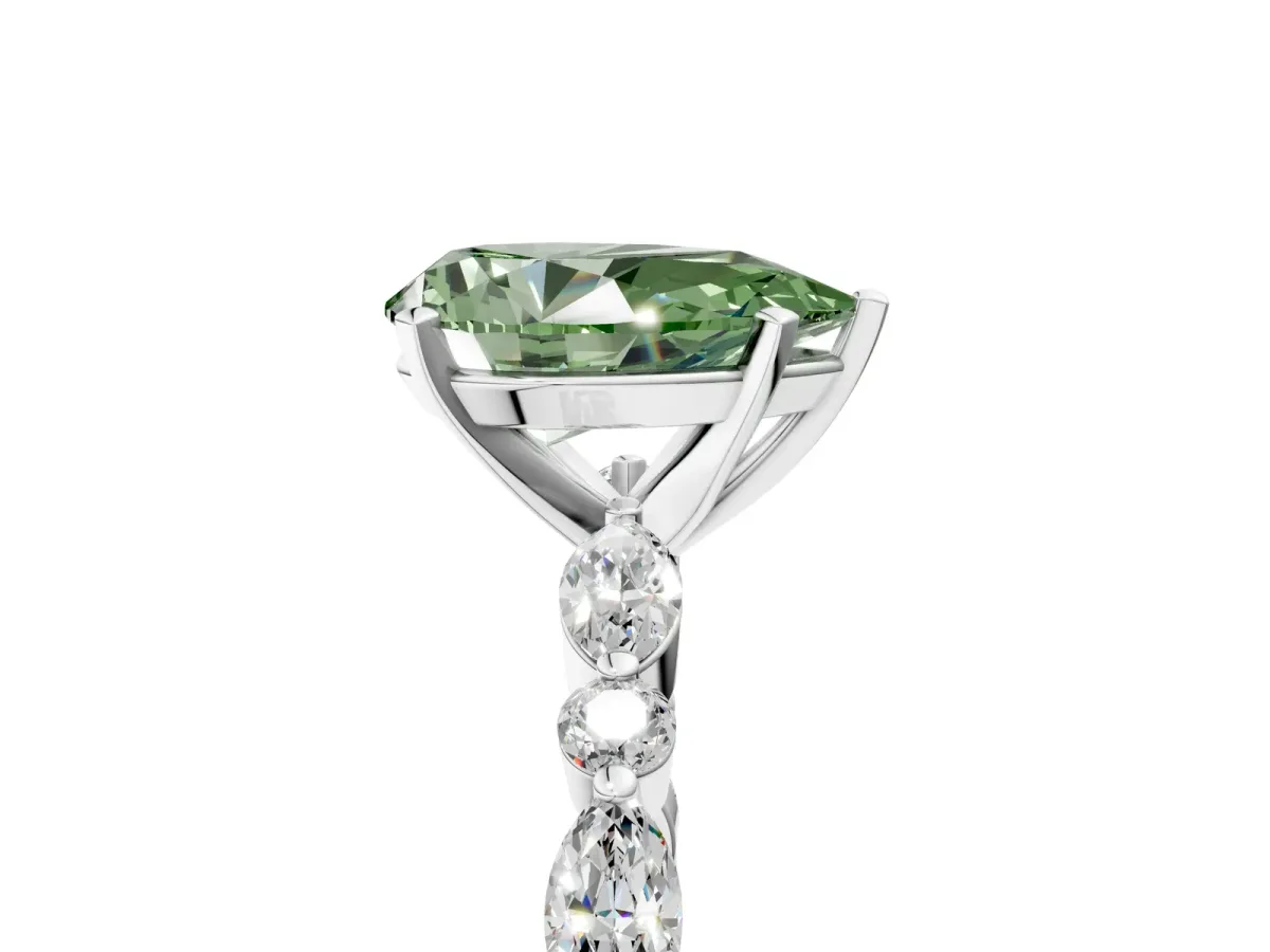 Fancy Green Pear Cut Diamond Ring with Marquise and Round Side Stones and Four-Prong Setting Platinum
