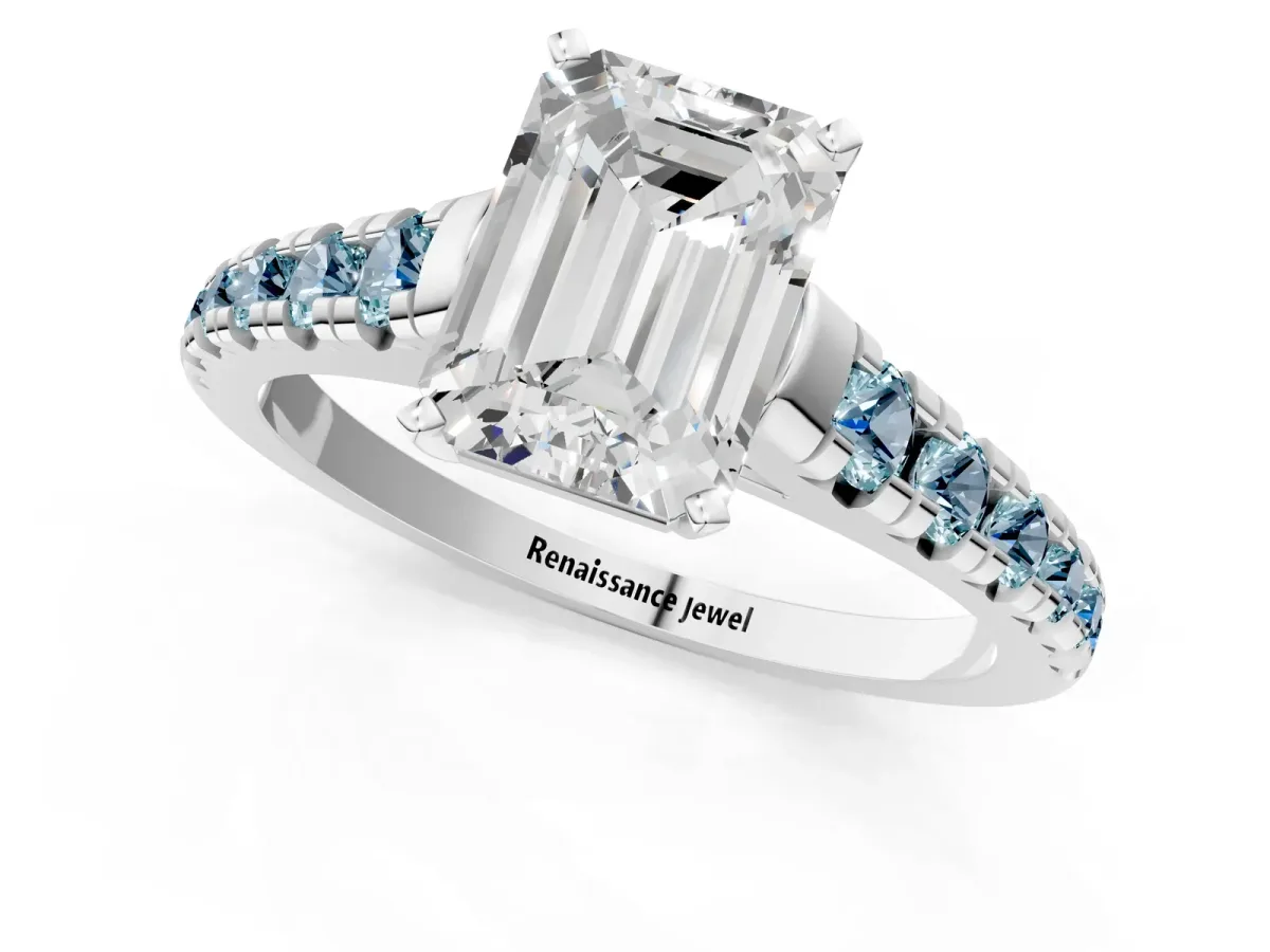 Emerald Cut Diamond Cathedral Solitaire Ring with Round Aquamarine Pavé Band Silver