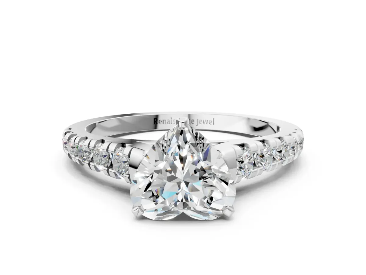 Heart Cut Diamond Cathedral Solitaire Ring with Round Pavé Band White gold