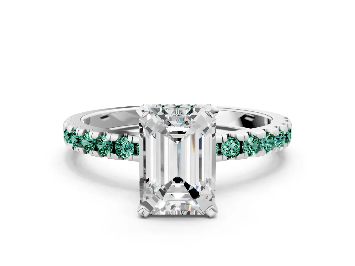 Emerald Cut Diamond Solitaire Ring with Round Green Sapphire Pavé Band and Four-Prong Setting Silver