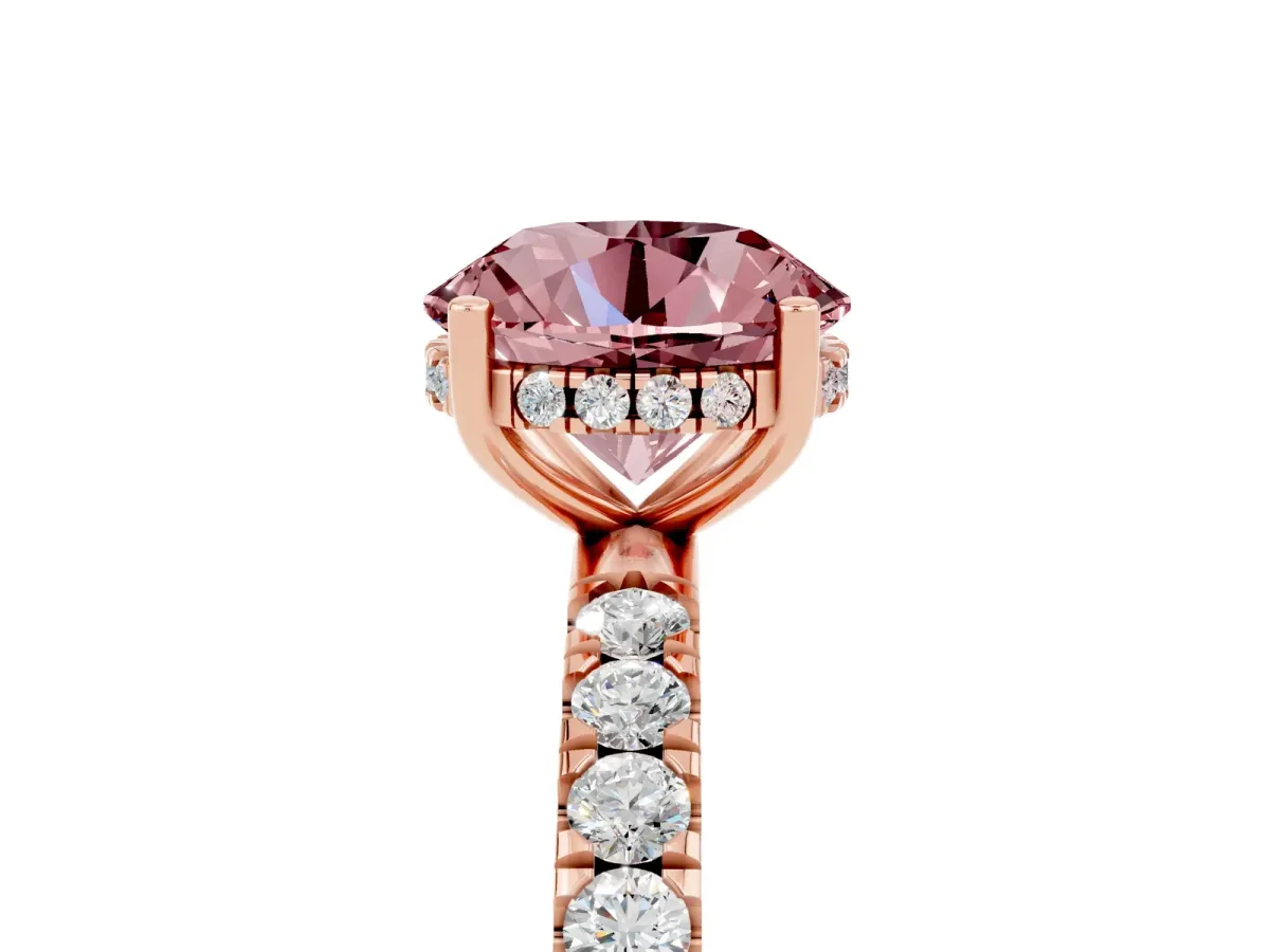 Round Cut Morganite Pave Band Solitaire Ring with Round and Prong Setting Rose gold