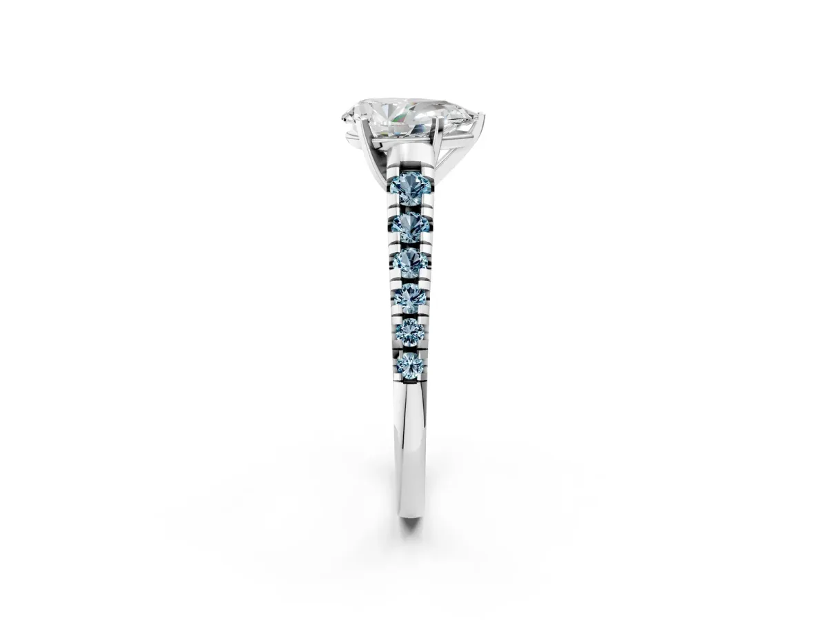 Pear Cut Diamond Cathedral Solitaire Ring with Round Aquamarine Pavé Band Platinum