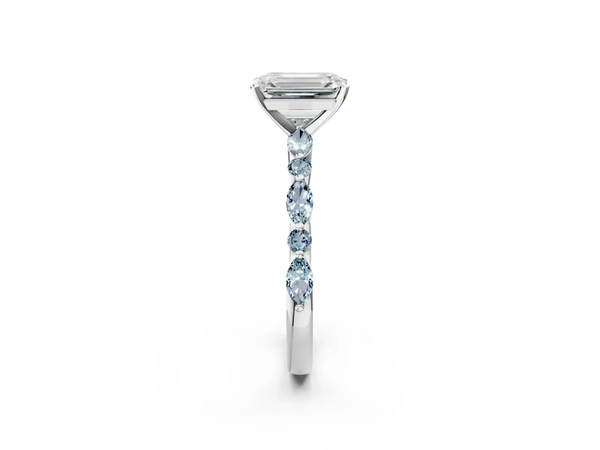 Emerald Cut Diamond Ring with Marquise and Round Aquamarine Side Stones and Four-Prong Setting Silver
