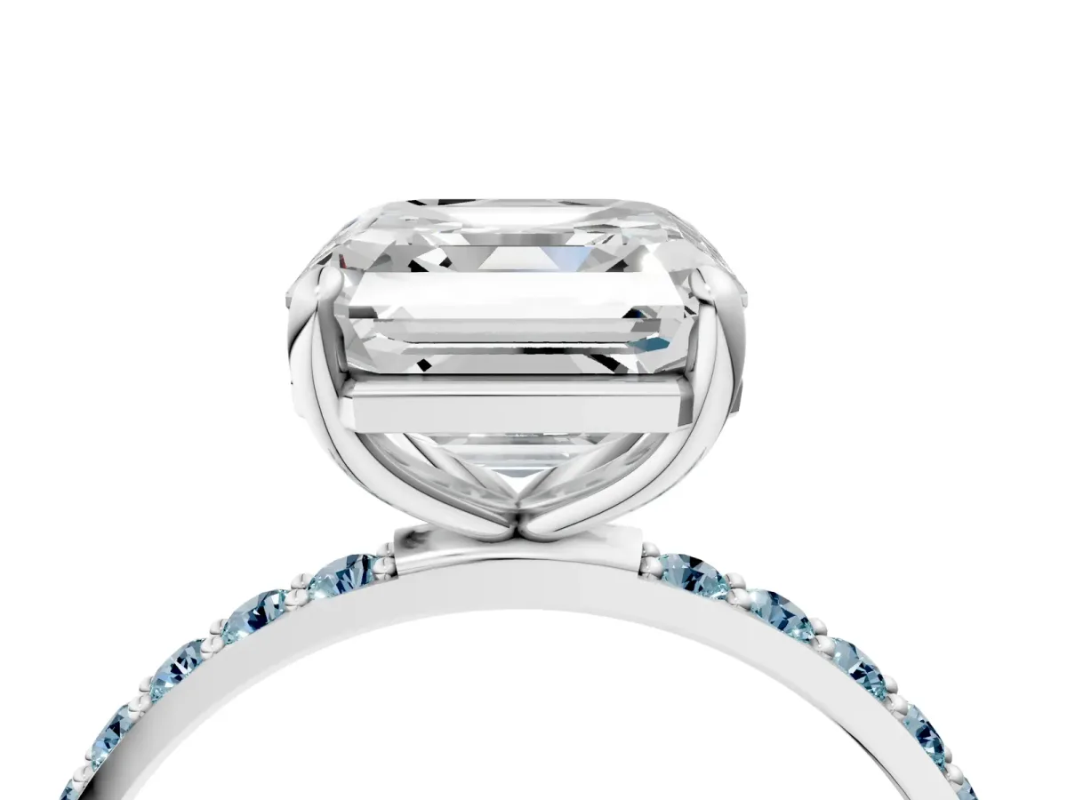 Asscher Cut Diamond Solitaire Ring with Round Aquamarine Pavé Band and Prong Setting Silver
