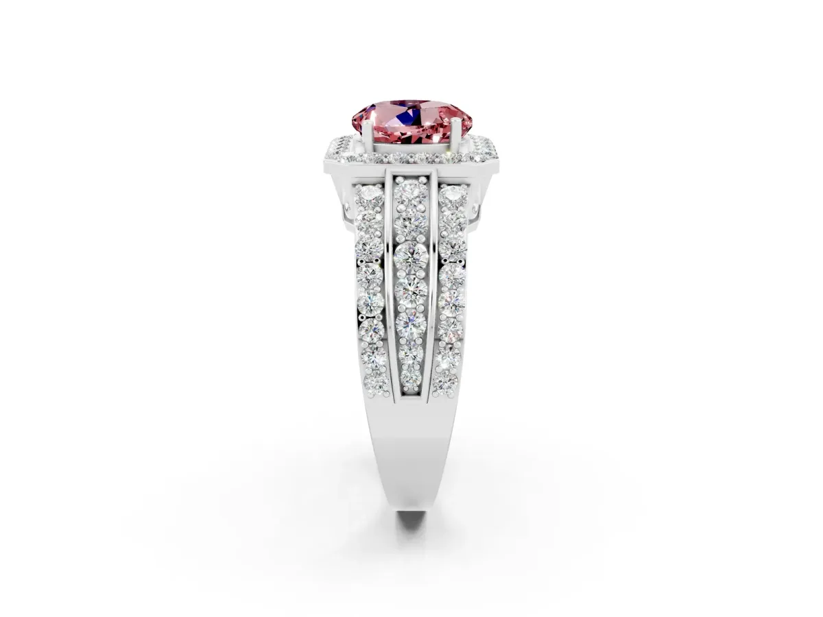 Round Cut Halo Morganite Ring with Round Split Shank and Prong Setting Silver