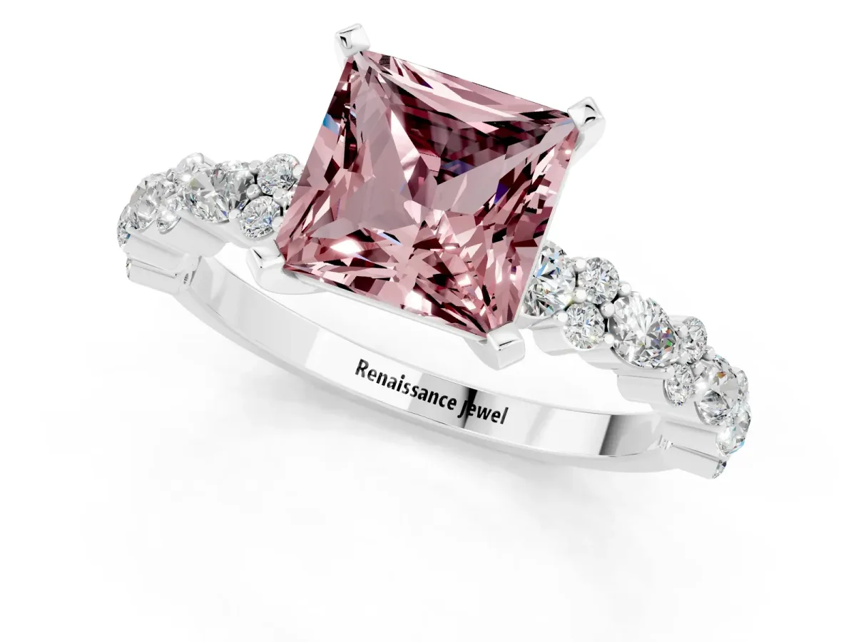 Princess Cut Morganite Side Stone Solitaire Ring with Round and Four-Prong Setting Silver