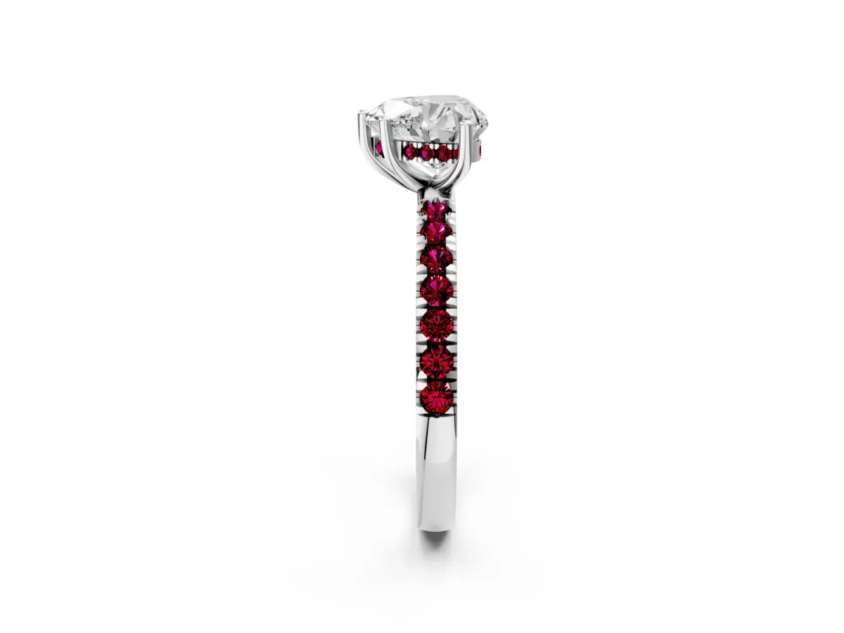 Heart Cut Diamond Pave Band Solitaire Ring with Round Garnet and Prong Setting Silver