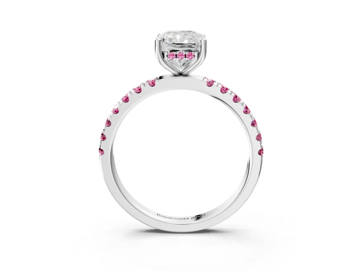 Radiant Cut Diamond Pave Band Solitaire Ring with Round Pink Sapphire and Prong Setting Platinum