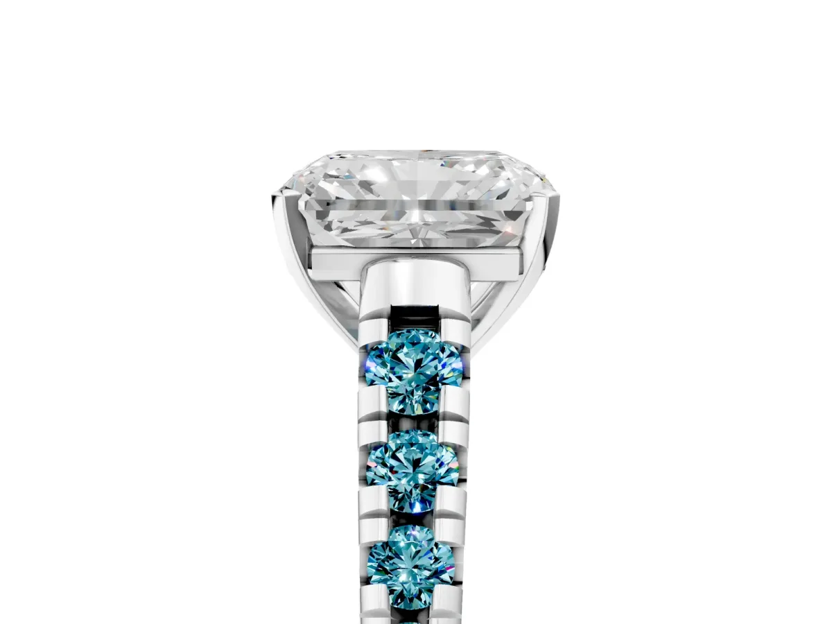 Radiant Cut Diamond Cathedral Solitaire Ring with Round Blue Topaz Pavé Band Silver