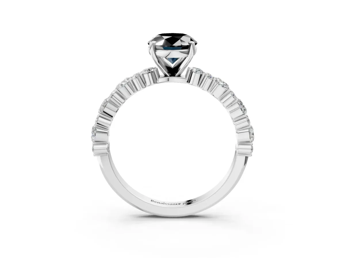 Fancy Black Oval Cut Diamond Side Stone Solitaire Ring with Round and Four-Prong Setting Platinum