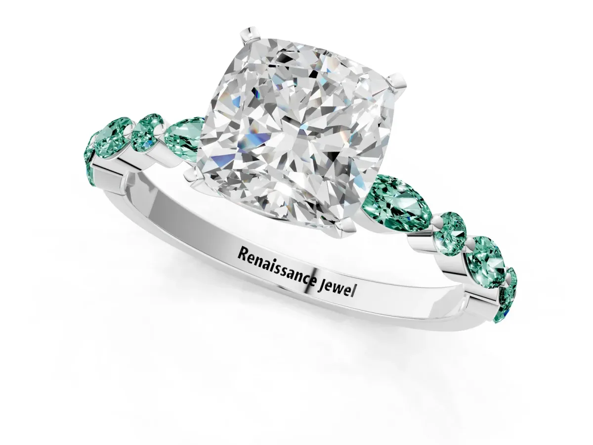 Cushion Cut Diamond Ring with Marquise and Round Green Sapphire Side Stones and Four-Prong Setting Silver