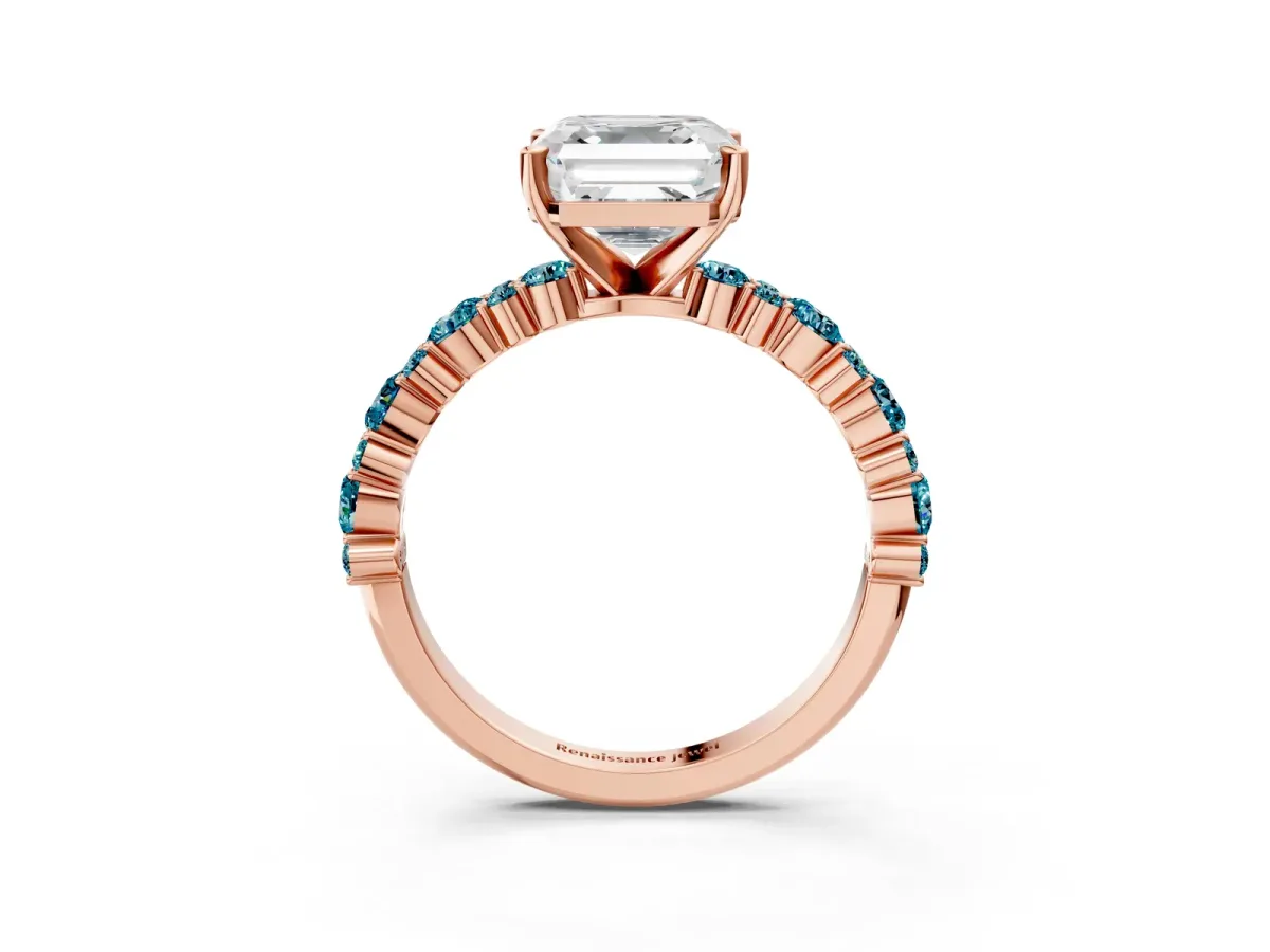 Asscher Cut Diamond Side Stone Solitaire Ring with Round Blue Topaz and Four-Prong Setting Rose gold