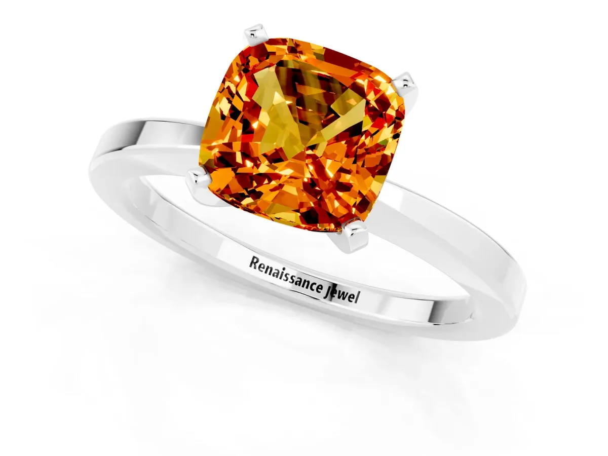 Cushion Cut Citrine Solitaire Engagement Ring with Classic Band and Four-Prong Setting Platinum