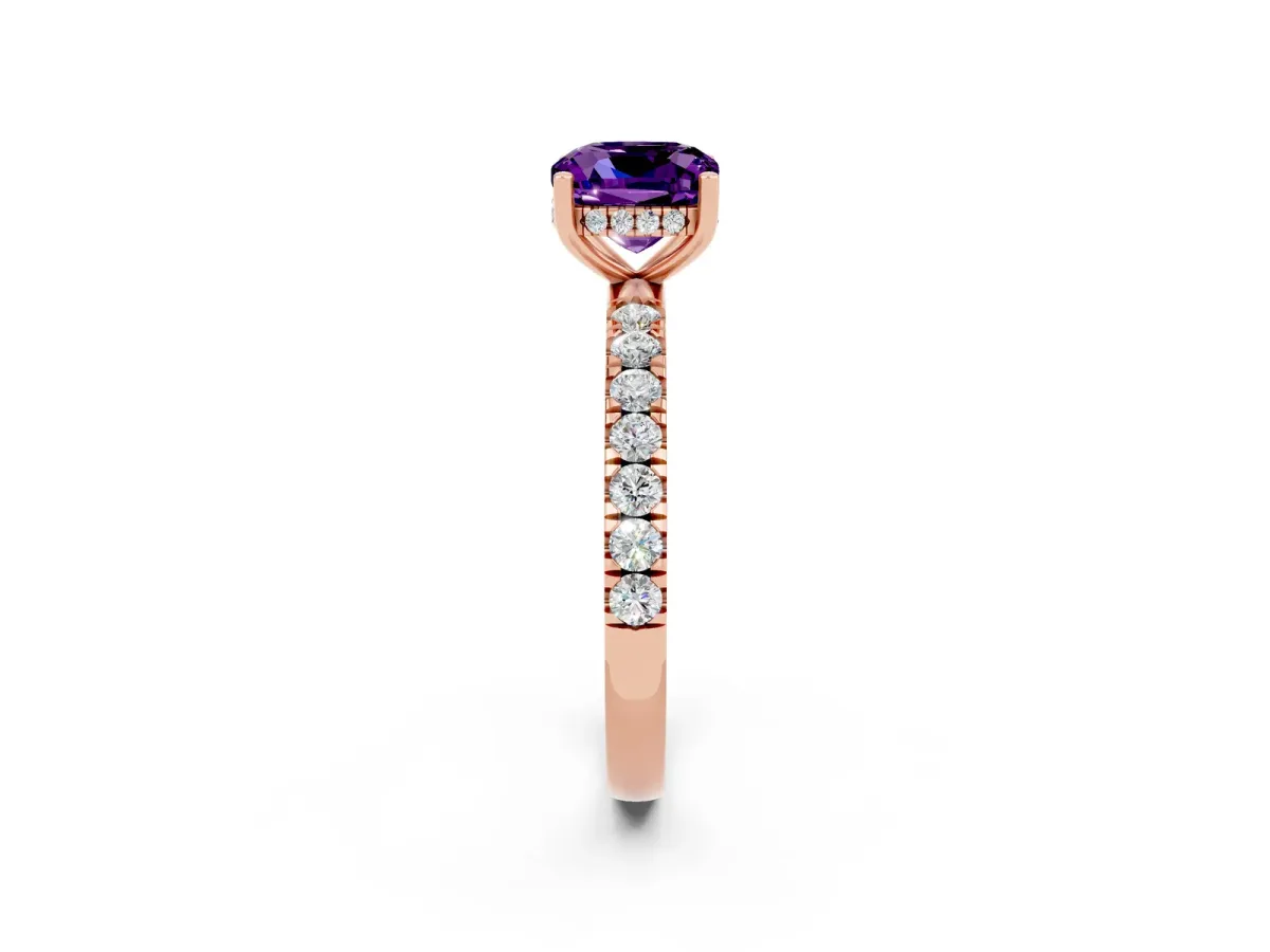 Cushion Cut Amethyst Pave Band Solitaire Ring with Round and Prong Setting Rose gold