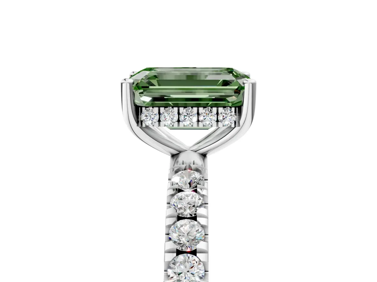 Fancy Green Emerald Cut Diamond Pave Band Solitaire Ring with Round and Prong Setting Silver