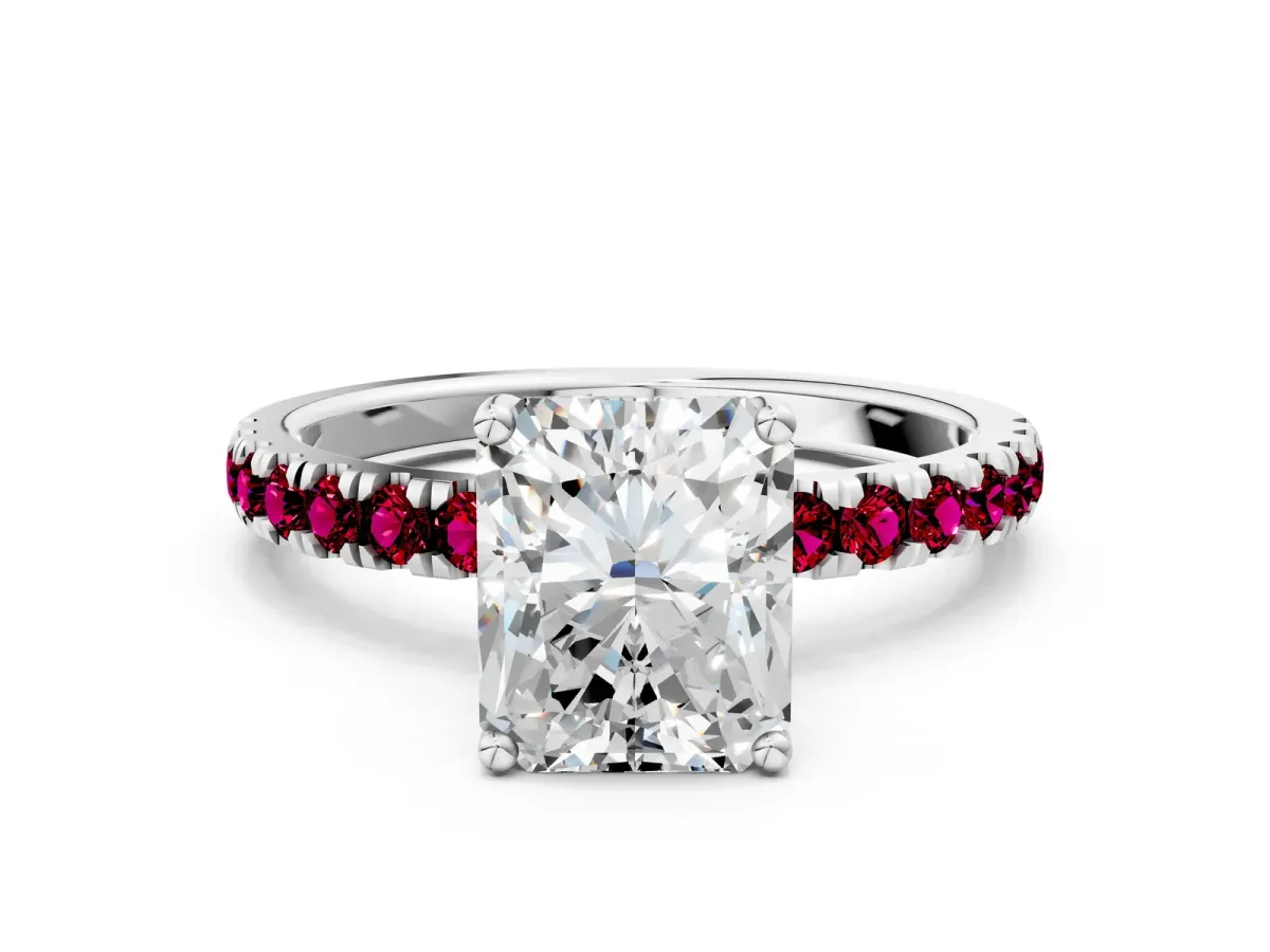 Radiant Cut Diamond Pave Band Solitaire Ring with Round Garnet and Prong Setting Silver