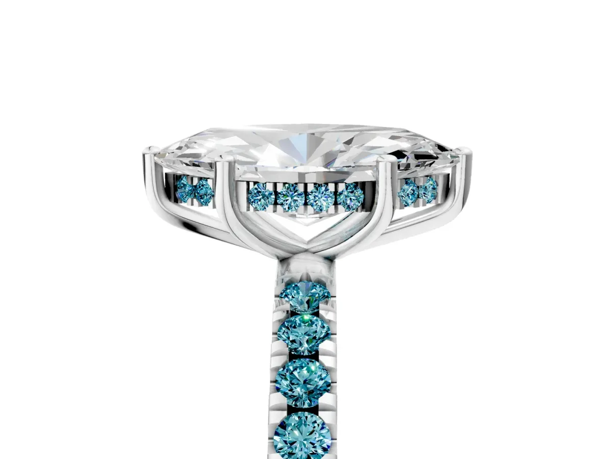 Marquise Cut Diamond Pave Band Solitaire Ring with Round Blue Topaz and Prong Setting Platinum