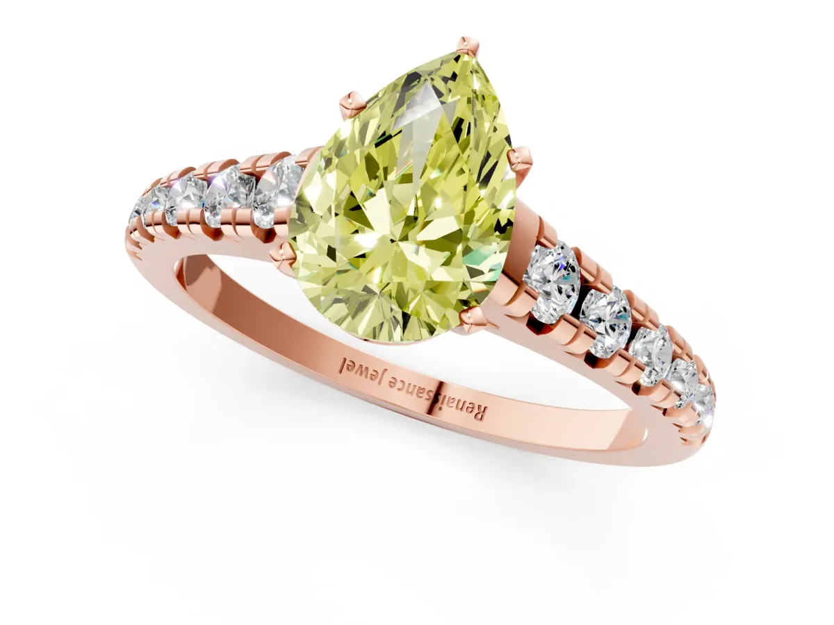 Fancy Yellow Pear Cut Diamond Cathedral Solitaire Ring with Round Pavé Band Rose gold