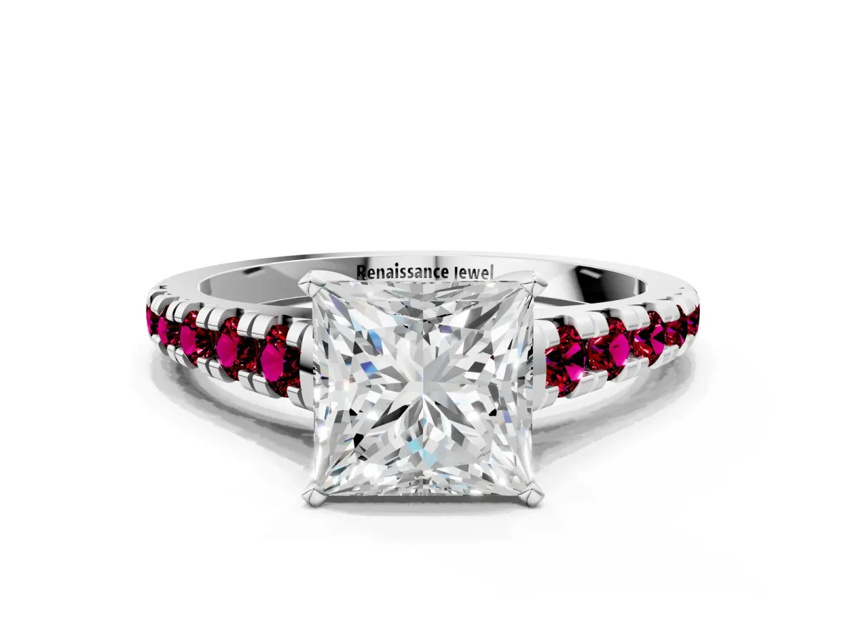Princess Cut Diamond Cathedral Solitaire Ring with Round Garnet Pavé Band Silver